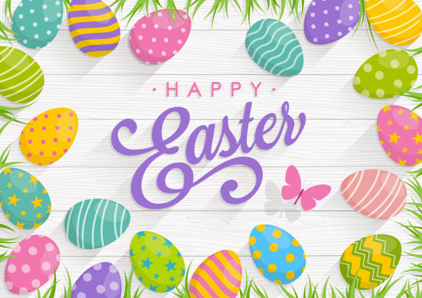 Easter background with colorful eggs on Wood background with text Happy Easter